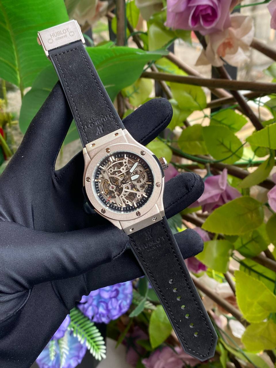 HUBLOT AUTOMATIC WATCH AUTOMATIC MOVEMENT SUEDE STRAP WATER RESISTANT TOURBILLON MACHINE AND ENQUIRIES