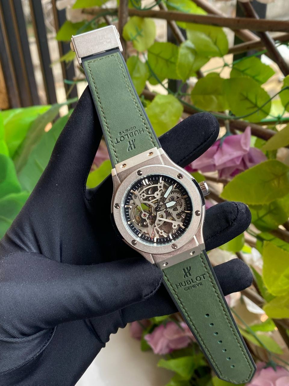 HUBLOT AUTOMATIC WATCH AUTOMATIC MOVEMENT SUEDE STRAP WATER RESISTANT TOURBILLON MACHINE AND ENQUIRIES