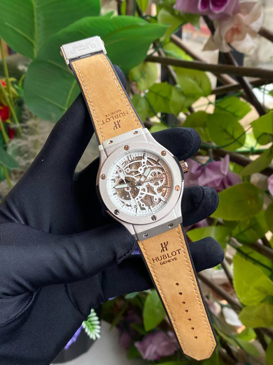 HUBLOT AUTOMATIC WATCH AUTOMATIC MOVEMENT SUEDE STRAP WATER RESISTANT TOURBILLON MACHINE AND ENQUIRIES