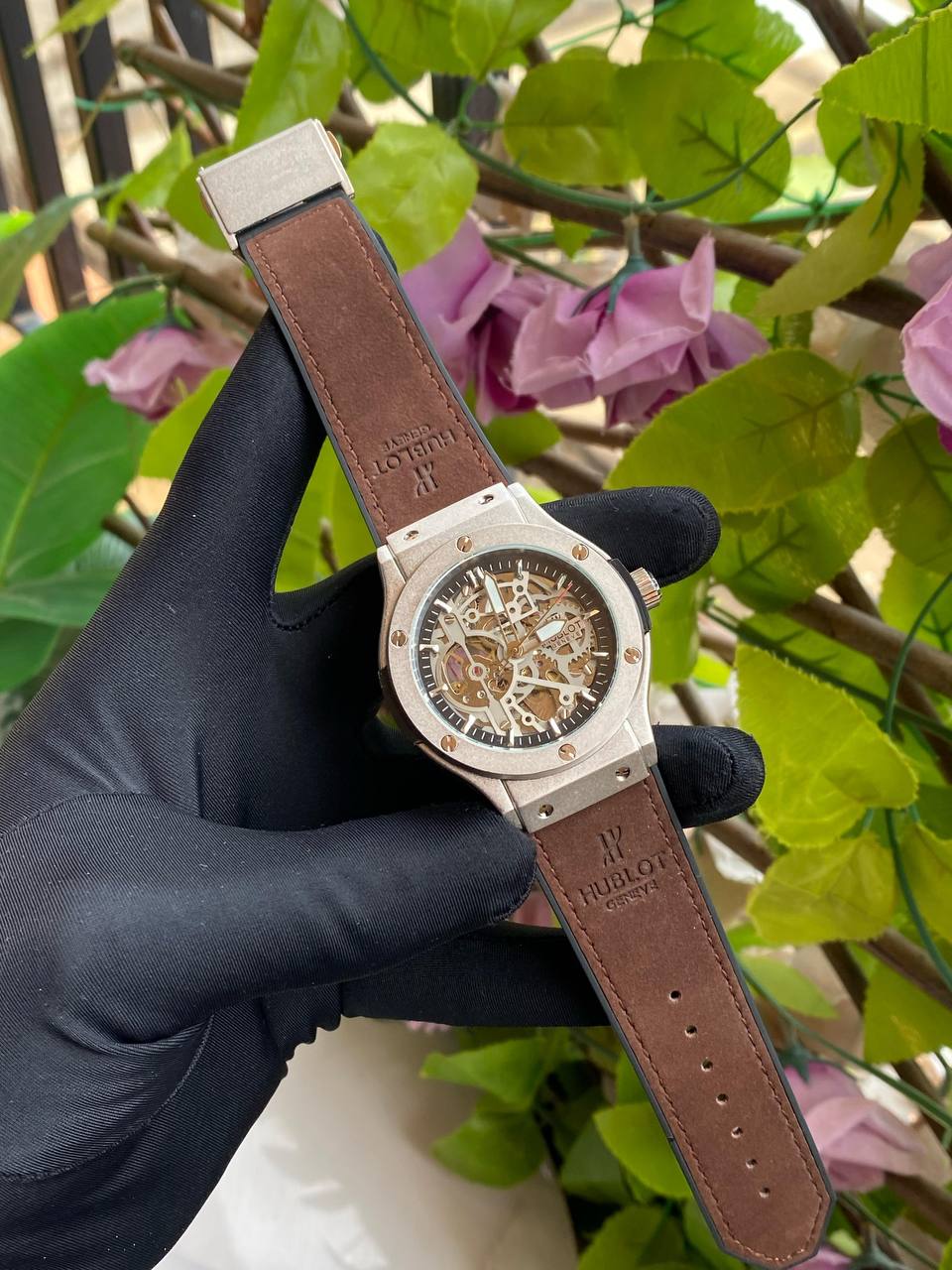 HUBLOT AUTOMATIC WATCH AUTOMATIC MOVEMENT SUEDE STRAP WATER RESISTANT TOURBILLON MACHINE AND ENQUIRIES