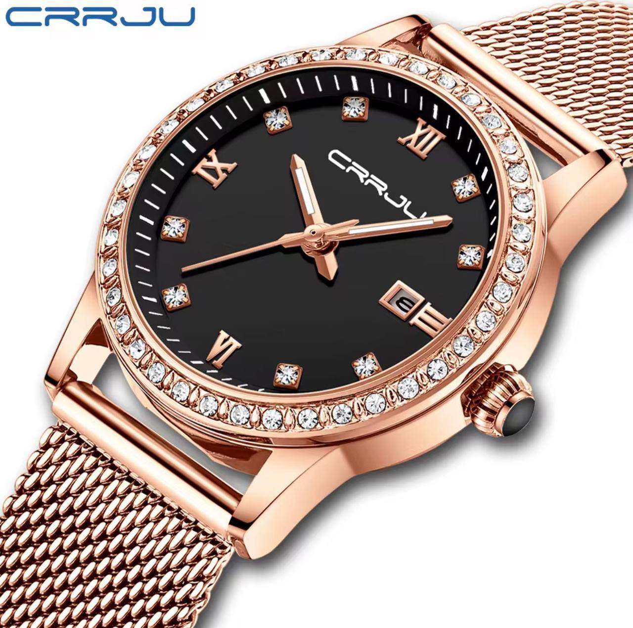 CRRJU LADIES WATCH 2 COLOURS DATE DISPLAY ADJUSTABLE MESH STRAP WATER RESISTANT BATTERY POWERED ENGRAVING