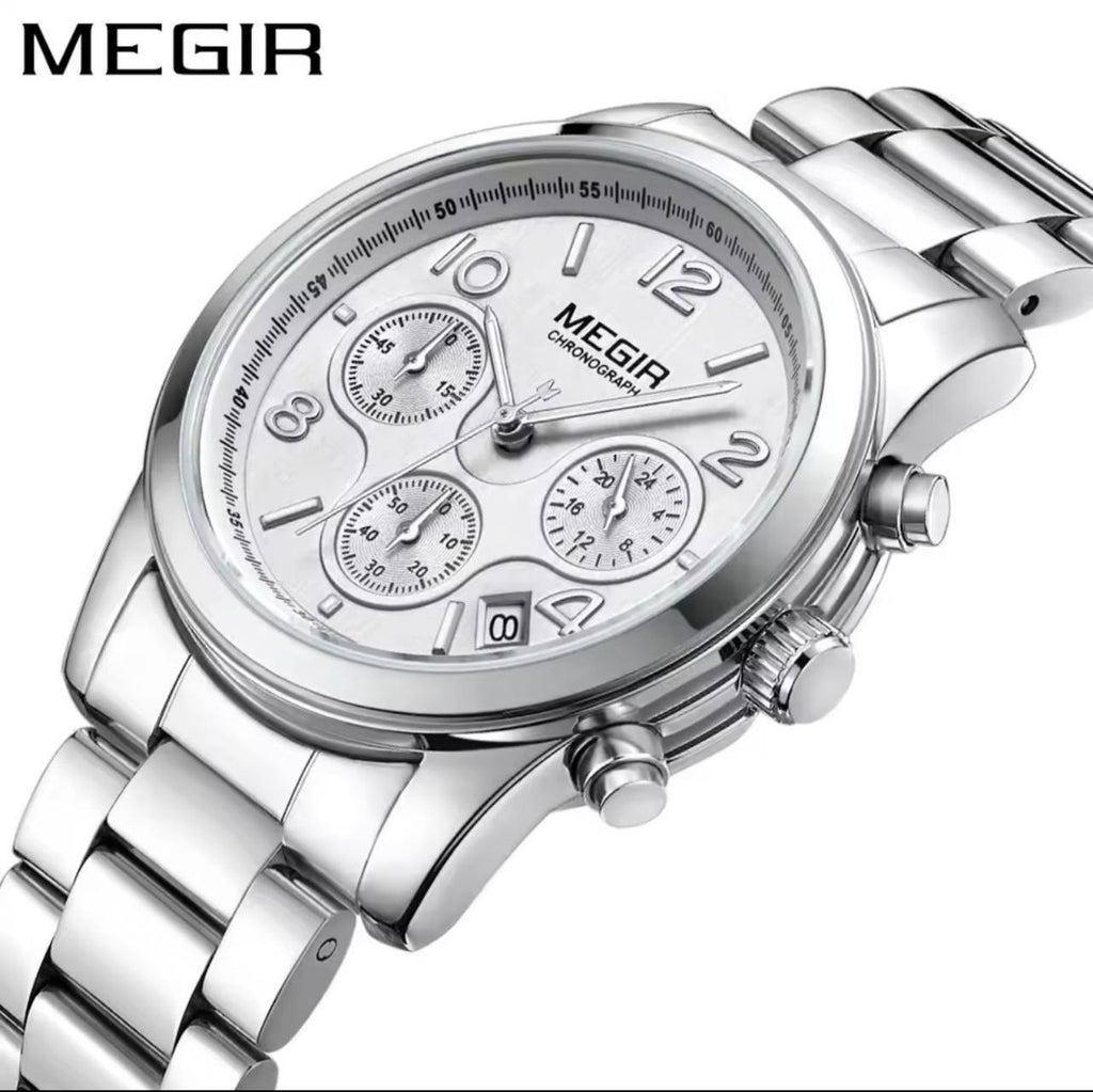 MEGIR CHRONOGRAPH WATCH FULL CHRONOGRAPH DATE DISPLAY NON FADE STAINLESS STEEL FINISH WATER RESISTANT AND ENQUIRIES
