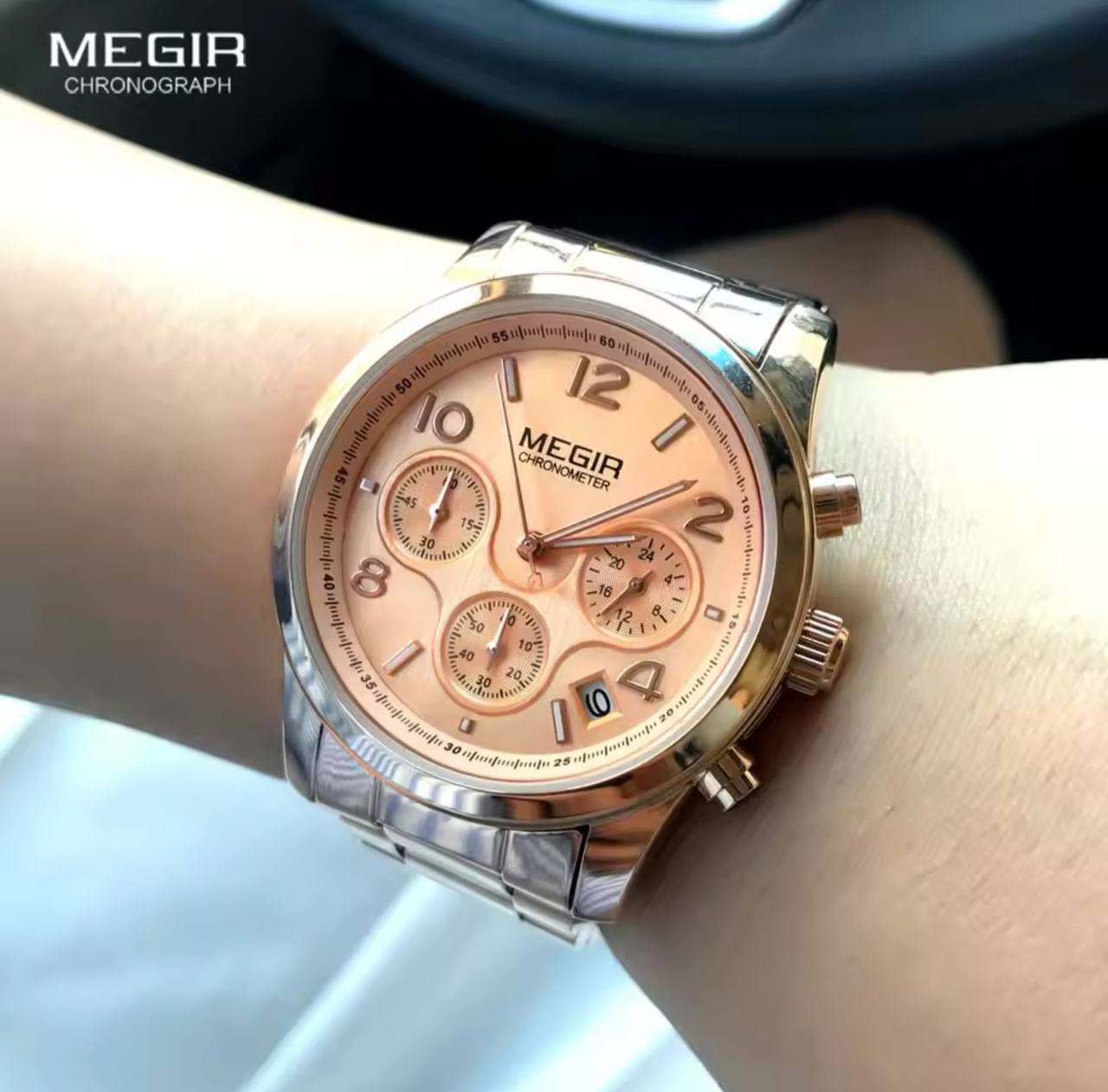 MEGIR CHRONOGRAPH WATCH FULL CHRONOGRAPH DATE DISPLAY NON FADE STAINLESS STEEL FINISH WATER RESISTANT AND ENQUIRIES