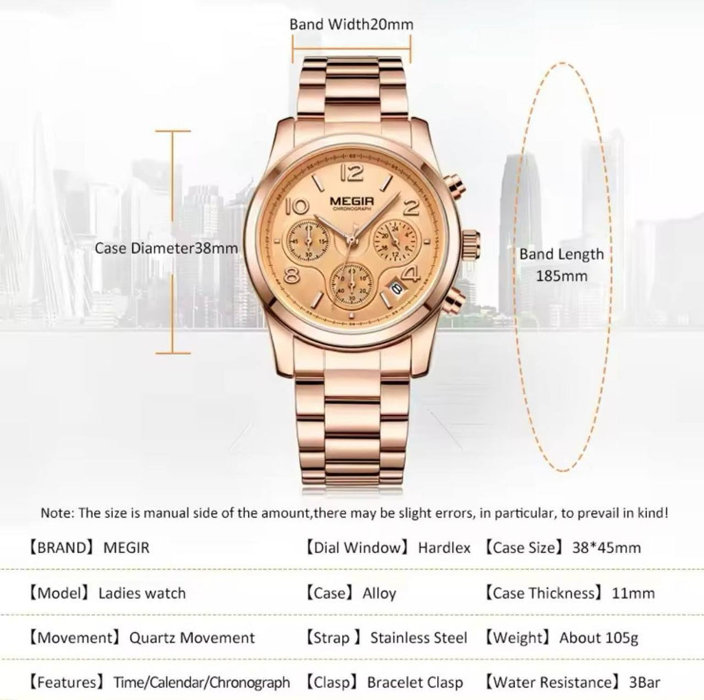 MEGIR CHRONOGRAPH WATCH FULL CHRONOGRAPH DATE DISPLAY NON FADE STAINLESS STEEL FINISH WATER RESISTANT AND ENQUIRIES