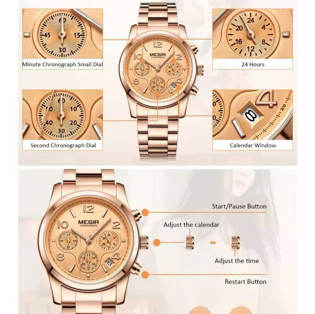 MEGIR CHRONOGRAPH WATCH FULL CHRONOGRAPH DATE DISPLAY NON FADE STAINLESS STEEL FINISH WATER RESISTANT AND ENQUIRIES