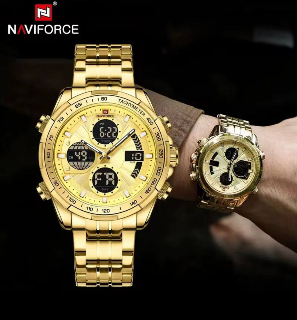 NAVIFORCE GENTS WATCH #NF 9197 ANALOGUE & DIGITAL DISPLAY LIGHT BUTTON WATER RESISTANT BATTERY POWERED GOLD SILVER ENGRAVING SERVICES ENQUIRIES