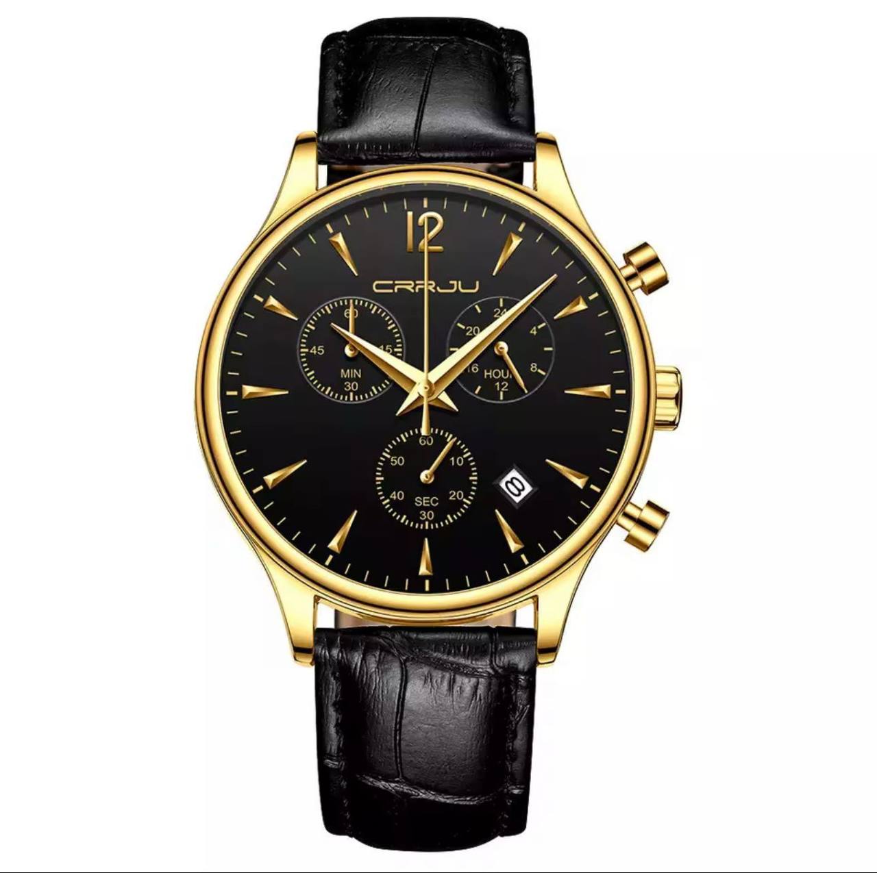 CRRJU CHRONOGRAPH LEATHER GENTS WATCH DATE DISPLAY WATER RESISTANT LEATHER STRAP BATTERY POWERED ⃣2 COLOR OPTIONS ENGRAVING SERVICES ENQUIRIES