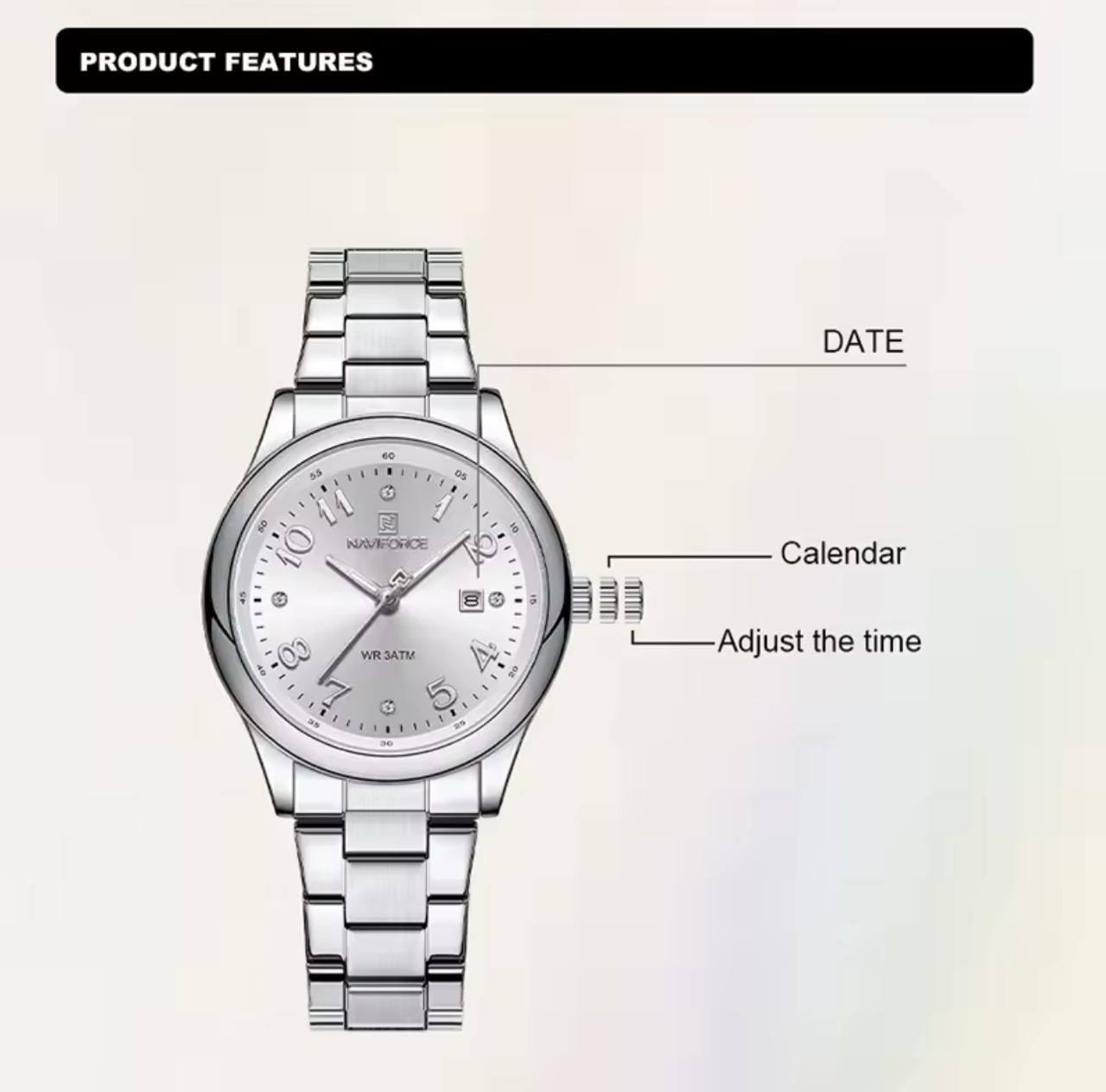 NAVIFORCE LADIES #NF5059 STAINLESS STEEL WATER RESISTANT BATTERY POWERED QUARTZ CALENDER 5 COLOR OPTIONS ENGRAVING SERVICES ENQUIRIES