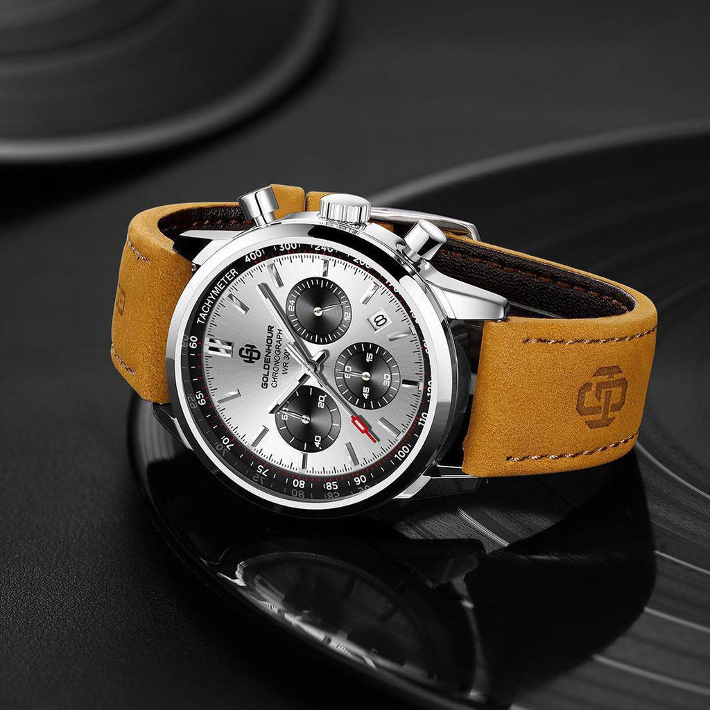 GOLDEN HOUR CHRONOGRAPH DATE DISPLAY WATER RESISTANT LUMINOUS FUNCTION LEATHER STRAP ENGRAVING SERVICES ENQUIRIES
