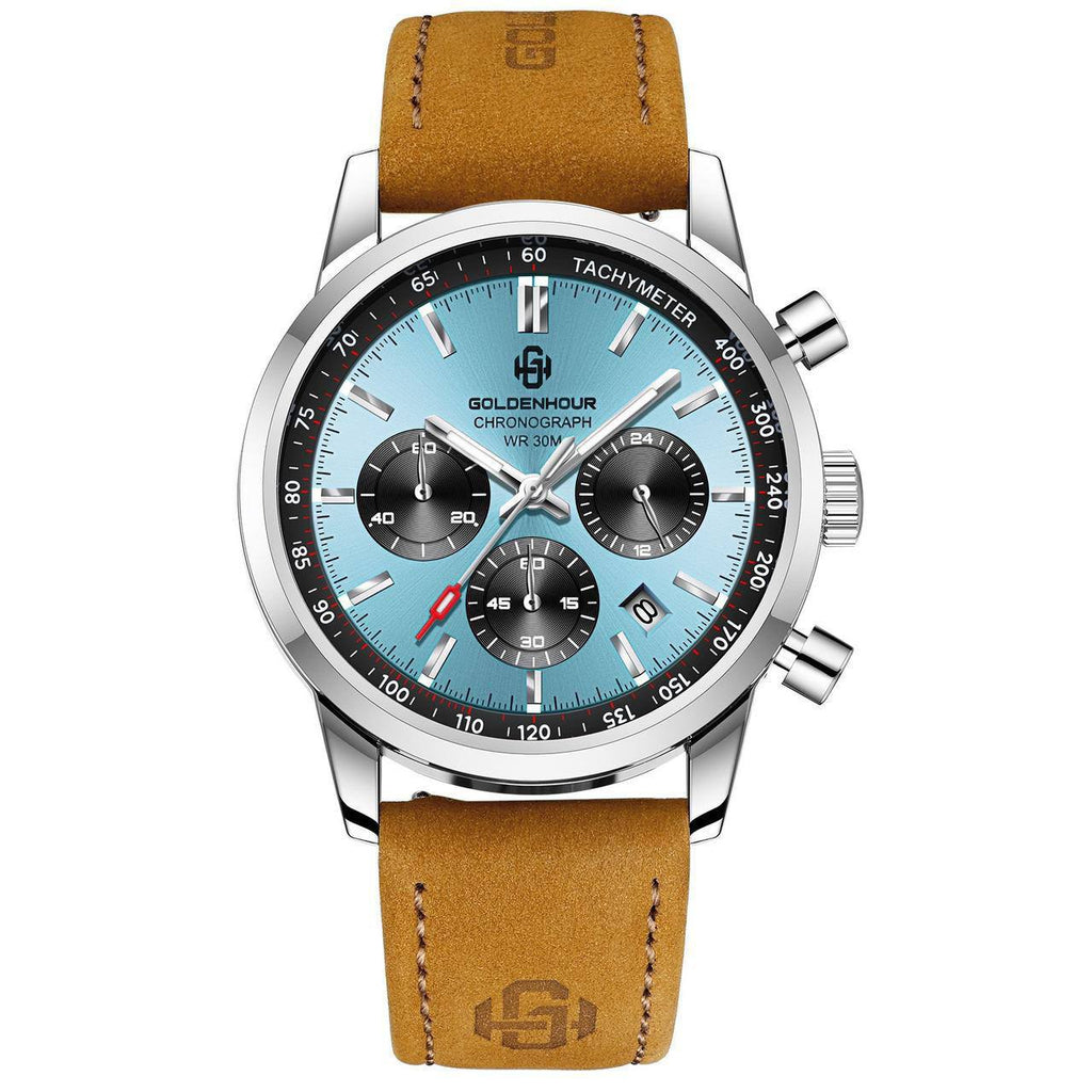 GOLDEN HOUR CHRONOGRAPH DATE DISPLAY WATER RESISTANT LUMINOUS FUNCTION LEATHER STRAP ENGRAVING SERVICES ENQUIRIES