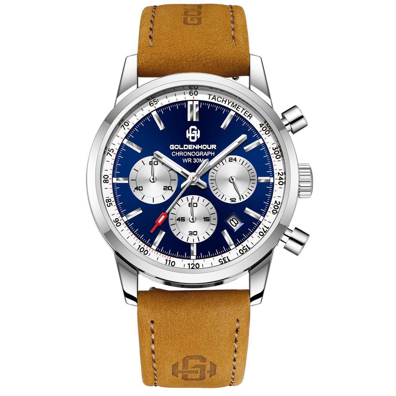 GOLDEN HOUR CHRONOGRAPH DATE DISPLAY WATER RESISTANT LUMINOUS FUNCTION LEATHER STRAP ENGRAVING SERVICES ENQUIRIES