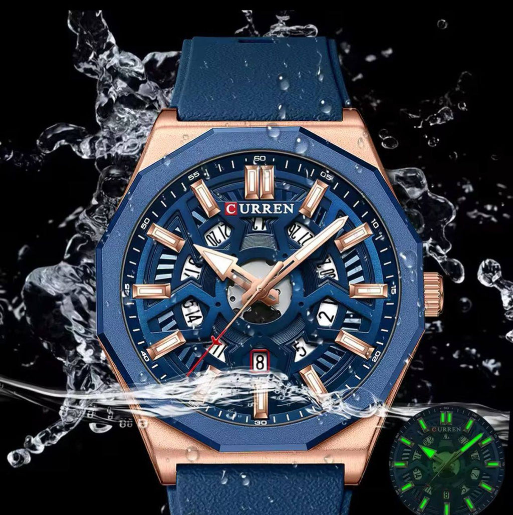 CURREN GENTS #8437 WATER RESISTANT BATTERY POWERED DATE DISPLAY LUMINOUS RUBBER STRAP ENGRAVING SERVICES