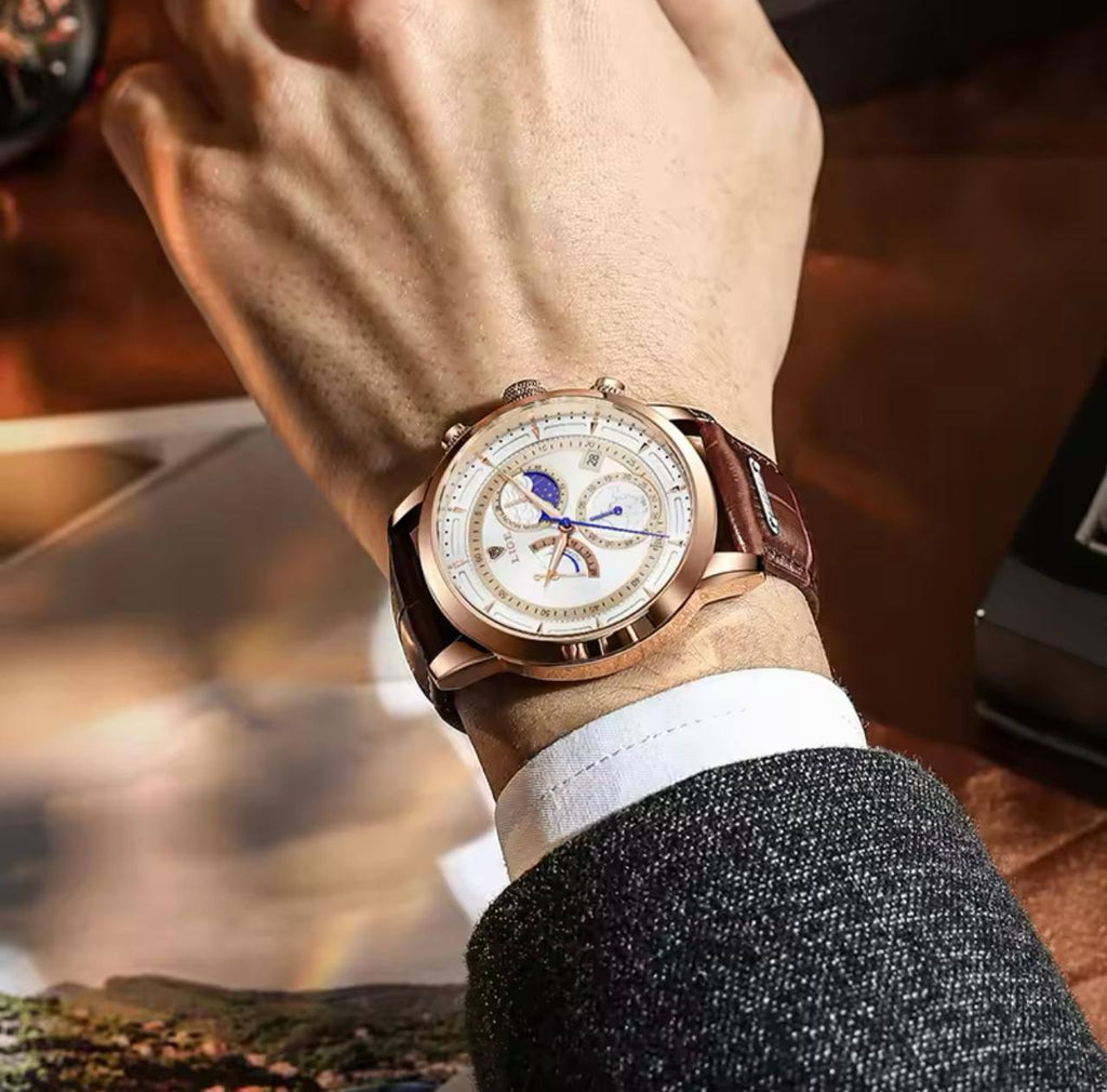 LIGE LG8968A CHRONOGRAPH BATTERY POWERED CHRONOGRAPH MOVEMENT STAINLESS STEEL DATE DISPLAY MOON PHASE FUNCTION ENGRAVING SERVICES COMES A BRANDED BOX ORDER AND ENQUIRIES