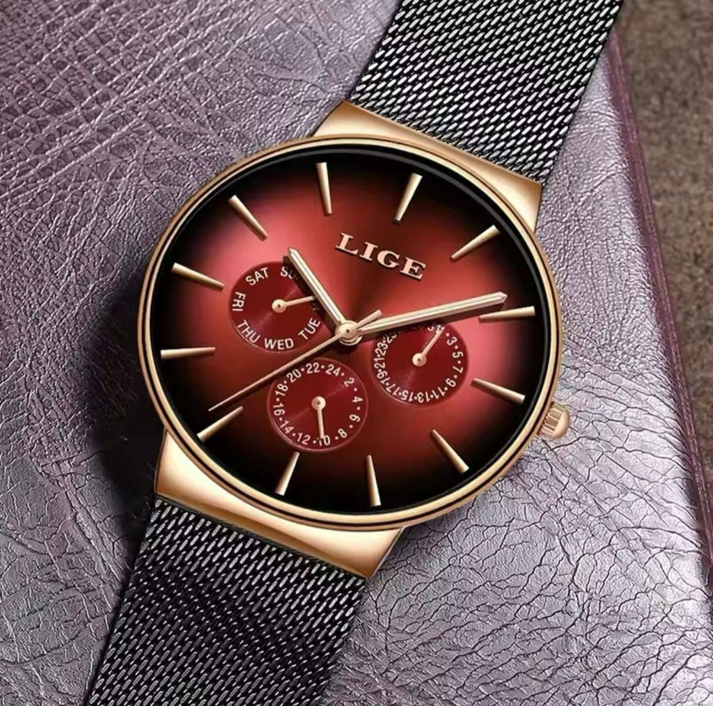 LIGE LG9936B FULL CHRONOGRAPH(DAY,24HRS,DATE) WATERPROOF 30M LUMINOUS HANDS ULTRA THIN DESIGN STAINLESS STEEL BAND(MESH STRAP) COMES A LIGE BRANDED BOX ENGRAVING SERVICES ENQUIRIES