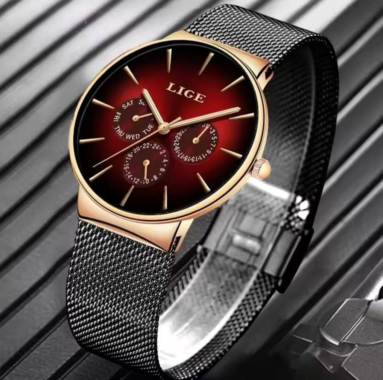 LIGE LG9936B FULL CHRONOGRAPH(DAY,24HRS,DATE) WATERPROOF 30M LUMINOUS HANDS ULTRA THIN DESIGN STAINLESS STEEL BAND(MESH STRAP) COMES A LIGE BRANDED BOX ENGRAVING SERVICES ENQUIRIES