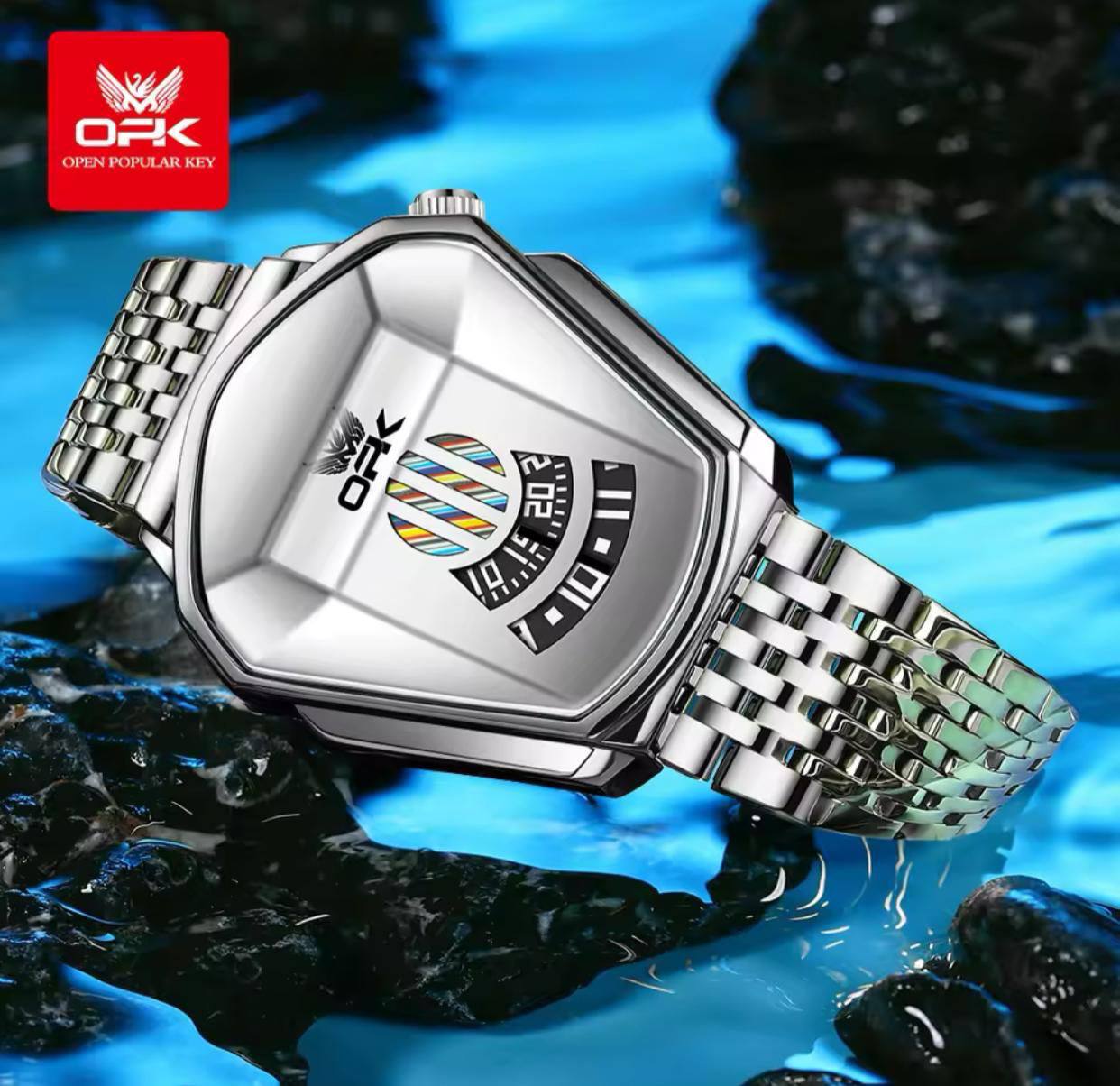 OPK GENTS WATCH #8172 STAINLESS STEEL BATTERY POWERED WATER RESISTANT 2 COLOR OPTIONS ENGRAVING SERVICES ENQUIRIES ACCRA TRADE CENTRE 2ND FLOOR SF 21