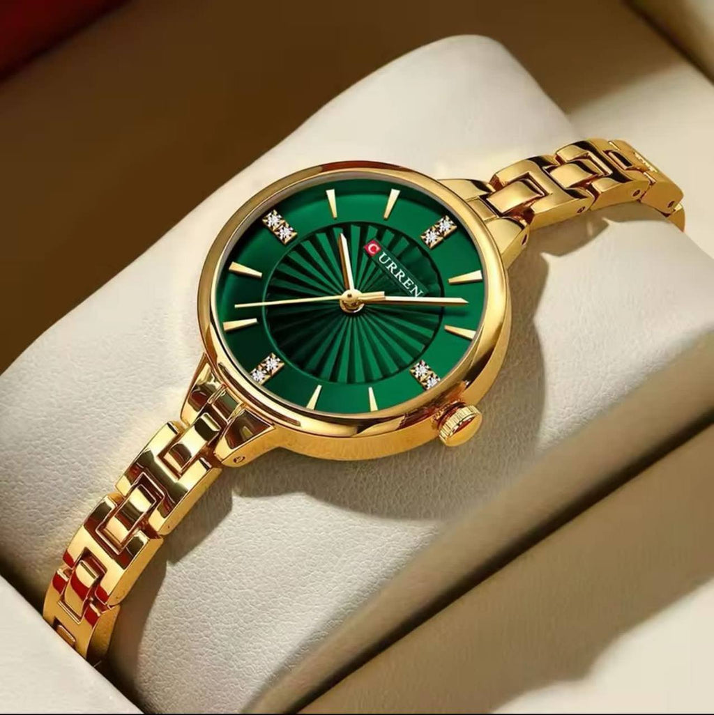 CURREN LADIES #9097 (METALLIC ) GOLD GREEN GOLD WHITEGOLD SILVER SILVER BLUE WATER RESISTANT BATTERY POWERED CURREN BRANDED BOX ENGRAVING SERVICES ENQUIRIES
