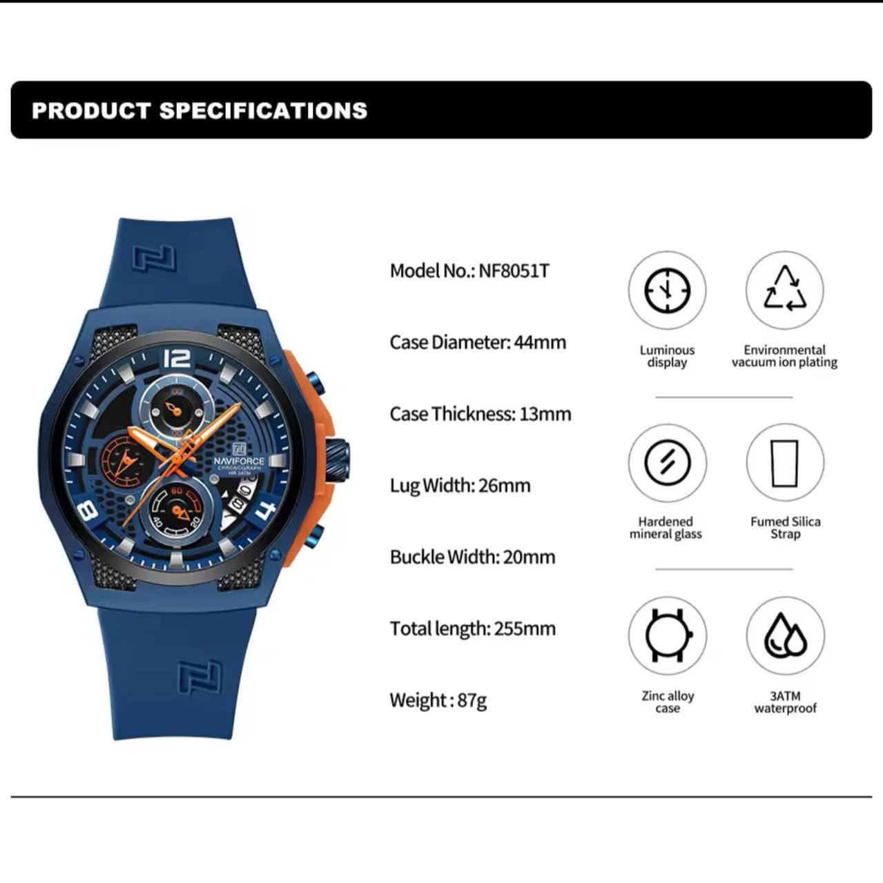 NAVIFORCE NF8051 5 COLOURS CHRONOGRAPH DATE DISPLAY WATERPROOF SILICON STRAP LUMINOUS HANDS ENGRAVING FROM & ENQUIRIES