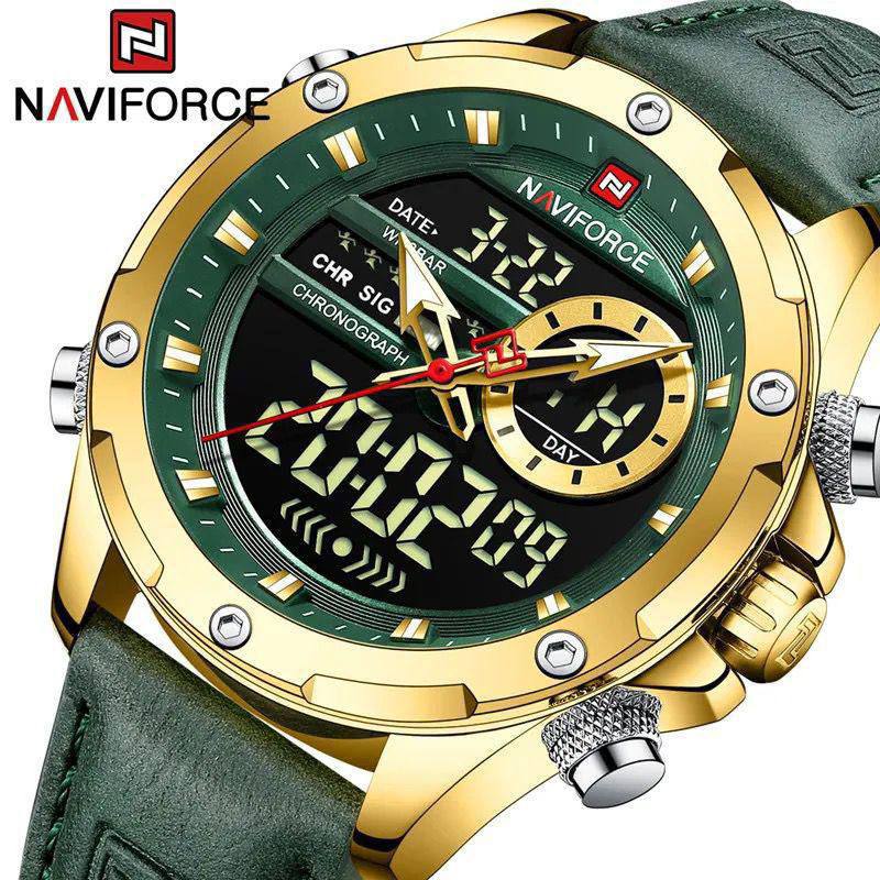 NAVIFORCE GENTS WATCH #NF 9208 ANALOGUE & DIGITAL DISPLAY LIGHT BUTTON WATER RESISTANT BATTERY POWERED LEATHER STRAP ENGRAVING SERVICES ENQUIRIES