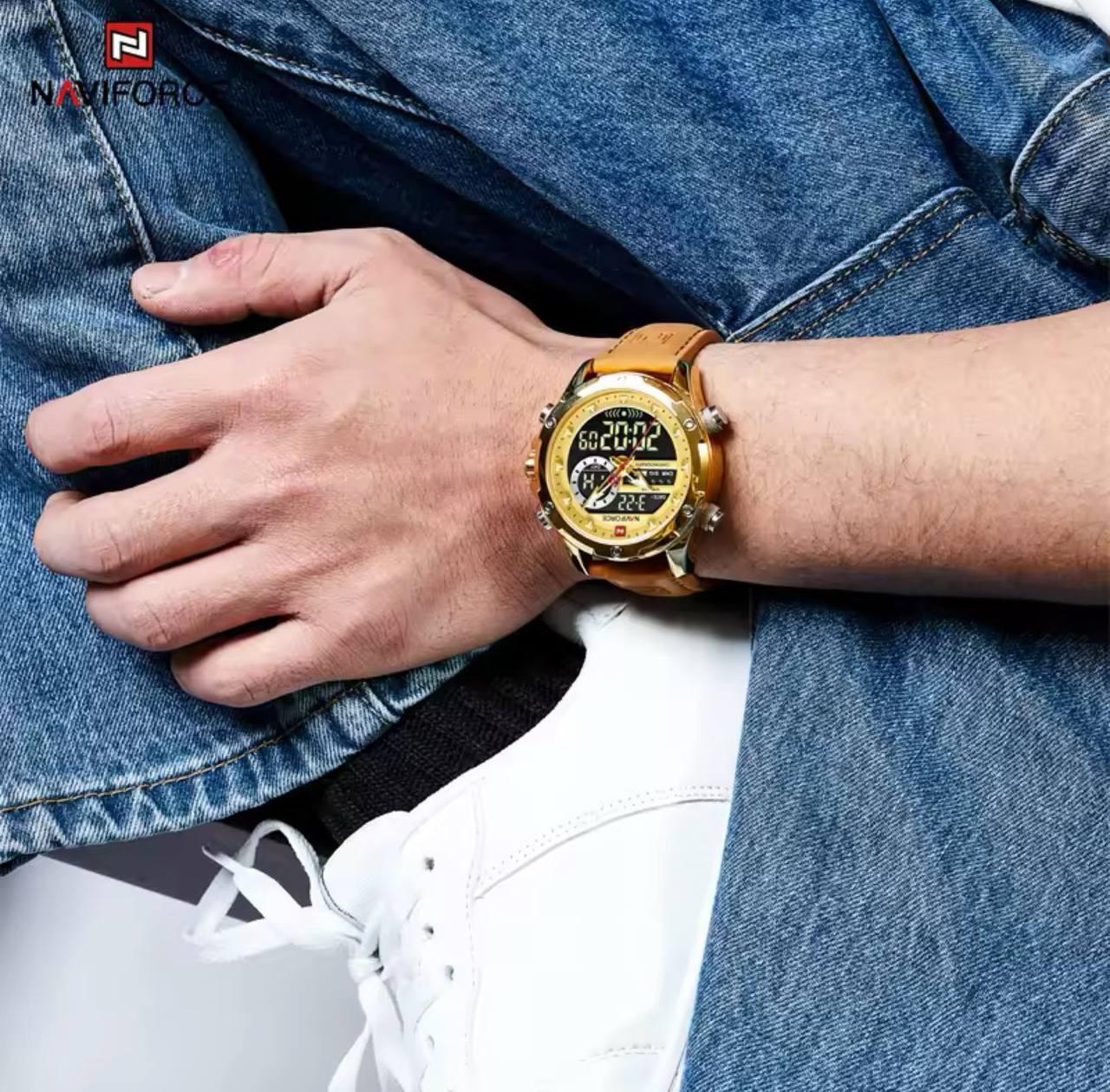 NAVIFORCE GENTS WATCH #NF 9208 ANALOGUE & DIGITAL DISPLAY LIGHT BUTTON WATER RESISTANT BATTERY POWERED LEATHER STRAP ENGRAVING SERVICES ENQUIRIES