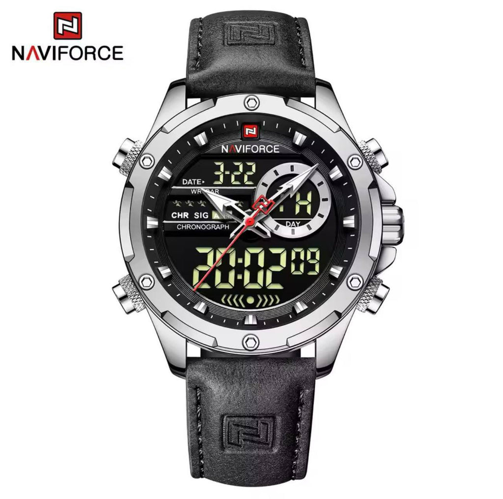 NAVIFORCE GENTS WATCH #NF 9208 ANALOGUE & DIGITAL DISPLAY LIGHT BUTTON WATER RESISTANT BATTERY POWERED LEATHER STRAP ENGRAVING SERVICES ENQUIRIES