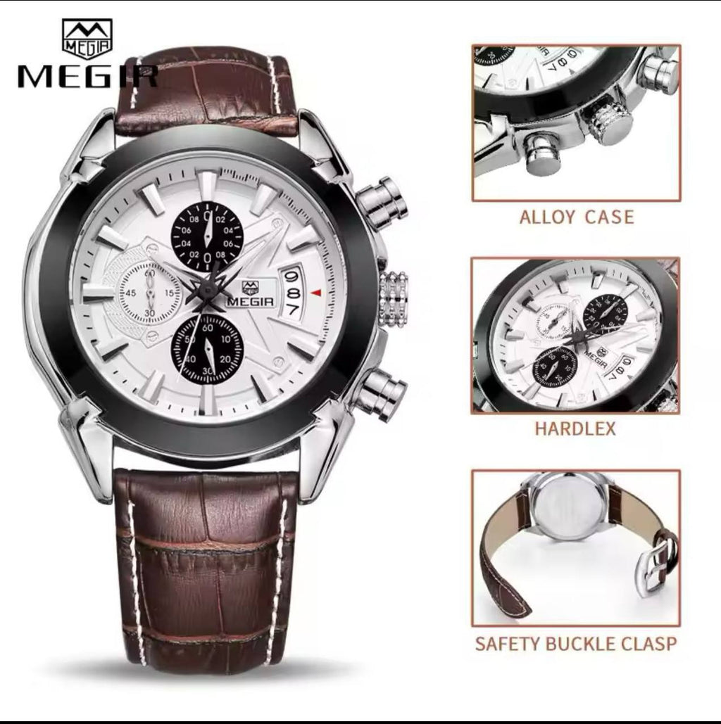 MEGIR CHRONOGRAPH GENTS WATCH BLACK BROWN CHRONOGRAPH MOVEMENT DATE DISPLAY LEATHER STRAP BATTERY POWERED WATER RESISTANT ENGRAVING SERVICES /ENQUIRIES