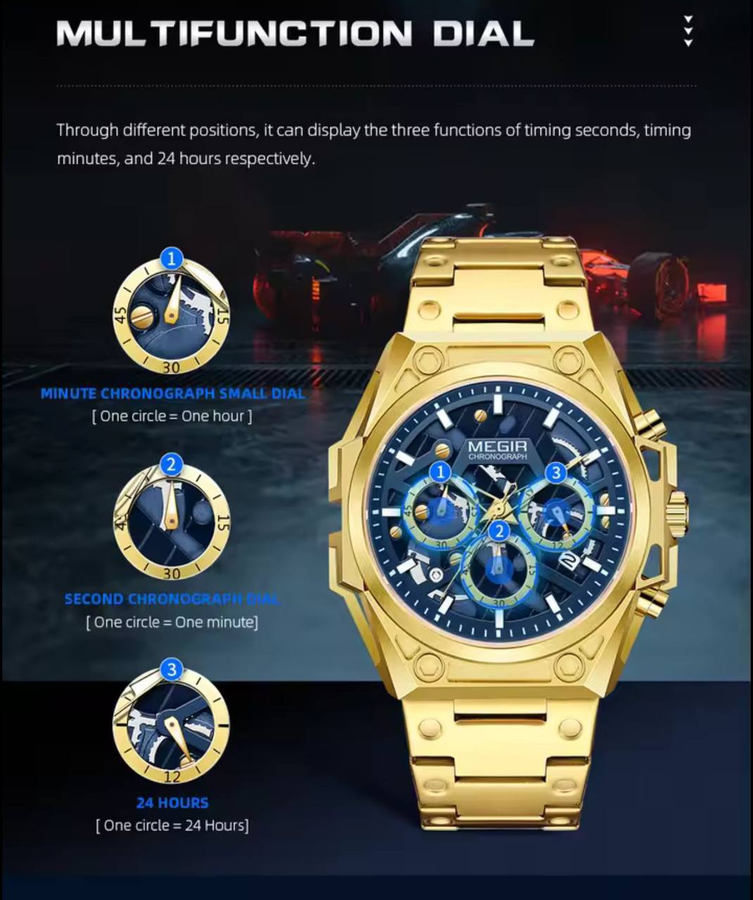 MEGIR CHRONOGRAPH FULL CHRONOGRAPH DATE DISPLAY 5ATM WATER RESISTANT LUMINOUS DIAL AND ENQUIRIES