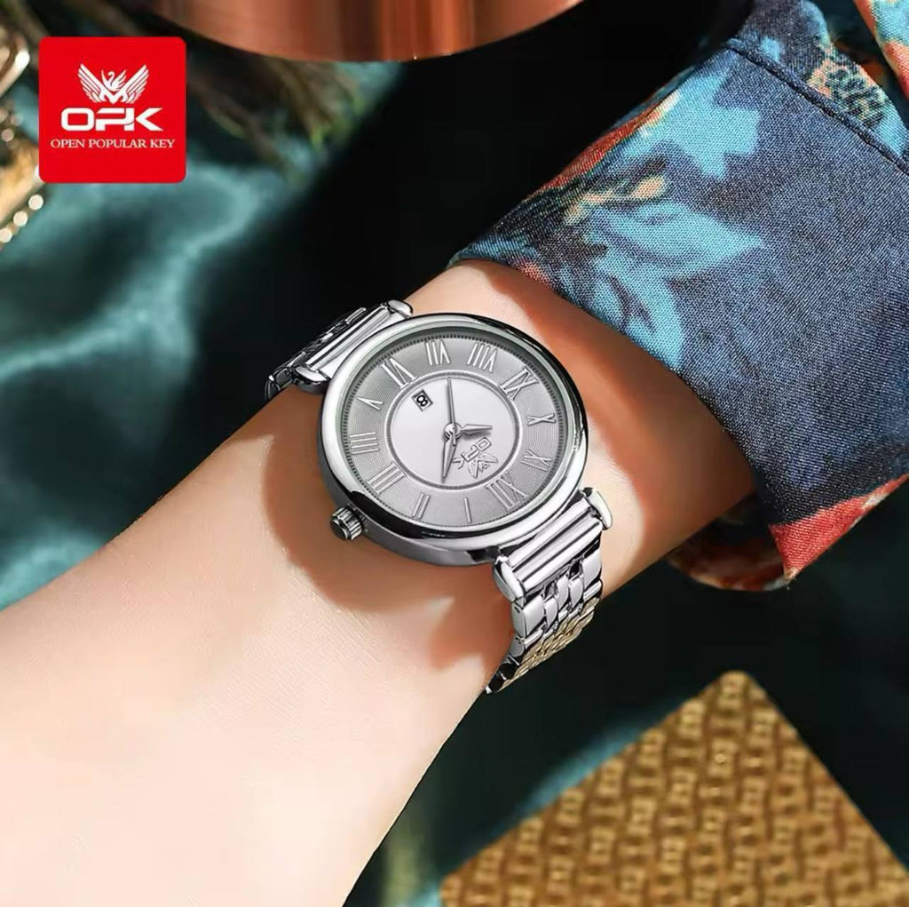 ‼ ‼ OPK LADIES WATCH #8167 DATE DISPLAY STAINLESS STEEL BATTERY POWERED WATER RESISTANT ENGRAVING SERVICES ENQUIRIES