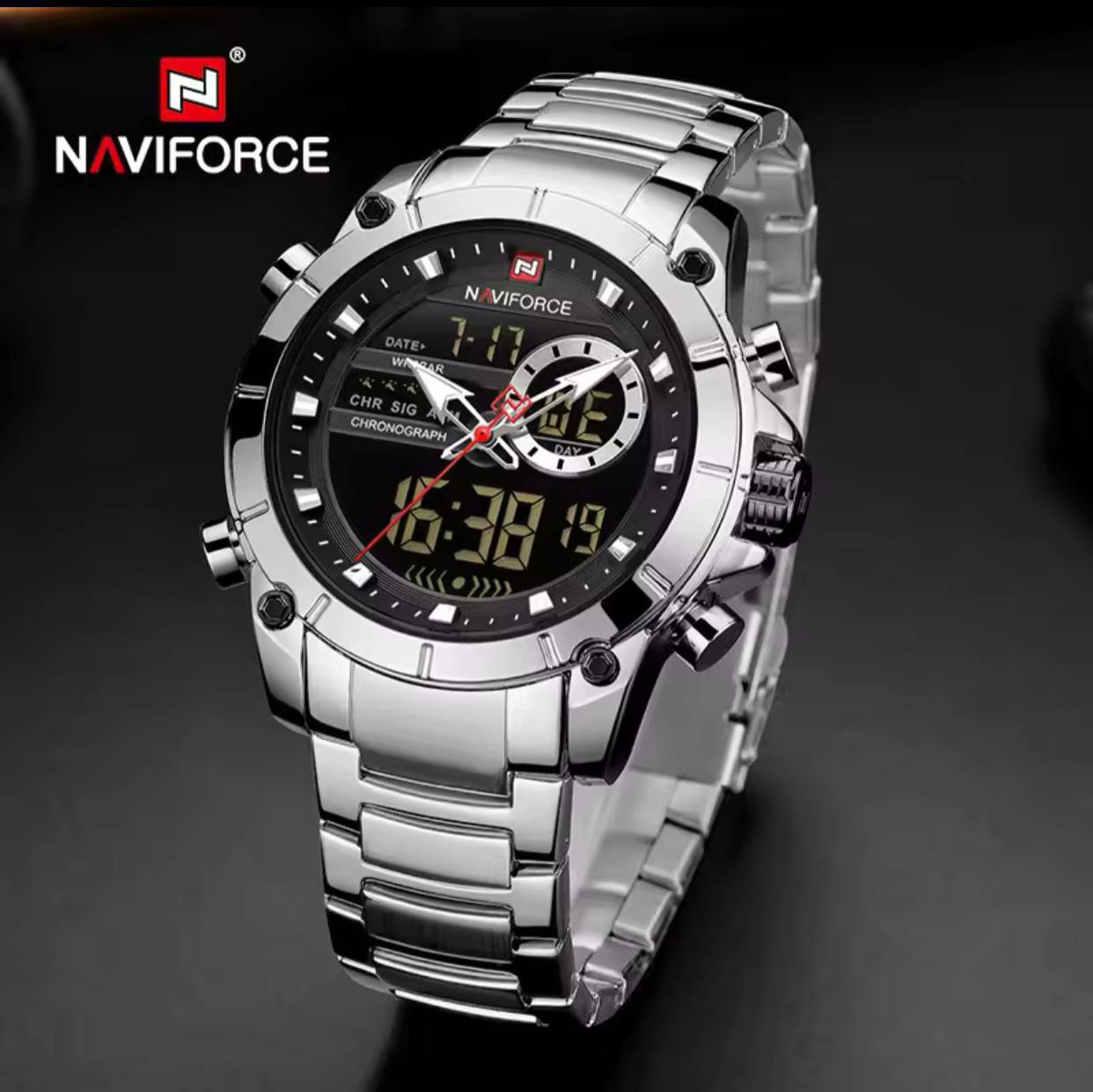 NAVIFORCE GENTS #NF9163 ANALOGUE&DIGITAL DISPLAY LIGHT BUTTON BATTERY POWERED WATER RESISTANT ENGRAVING SERVICES NAVIFORCE BRANDED BOX ENQUIRIES