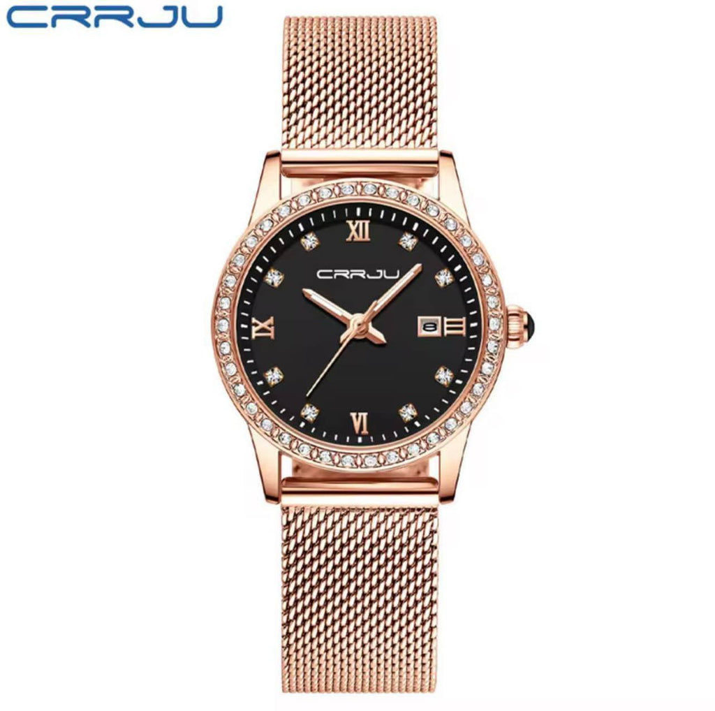 CRRJU LADIES WATCH 2 COLOURS DATE DISPLAY ADJUSTABLE MESH STRAP WATER RESISTANT BATTERY POWERED ENGRAVING