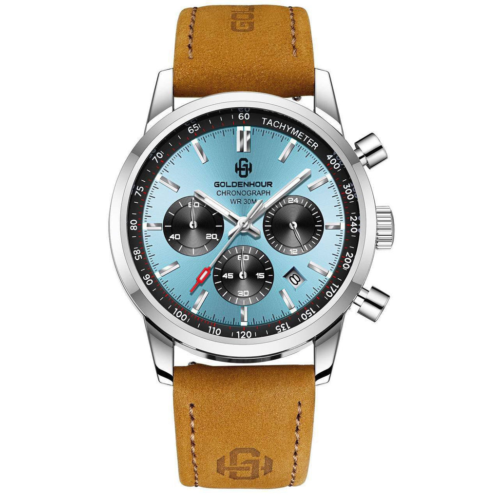 GOLDEN HOUR CHRONOGRAPH DATE DISPLAY WATER RESISTANT LUMINOUS FUNCTION LEATHER STRAP ENGRAVING SERVICES ENQUIRIES