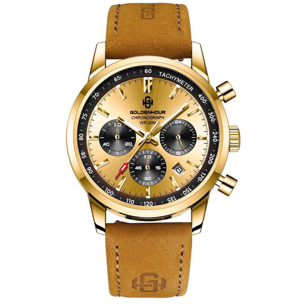GOLDEN HOUR CHRONOGRAPH DATE DISPLAY WATER RESISTANT LUMINOUS FUNCTION LEATHER STRAP ENGRAVING SERVICES ENQUIRIES