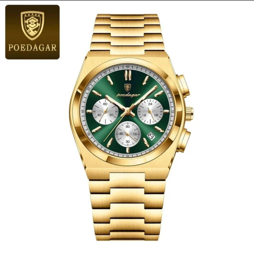 POEDAGAR CHRONOGRAPH DATE DISPLAY NON FADE STAINLESS STEEL DOUBLE CLASP LOCK FULL CHRONOGRAPH WATER RESISTANT ENGRAVING SERVICES $ ENQUIRIES