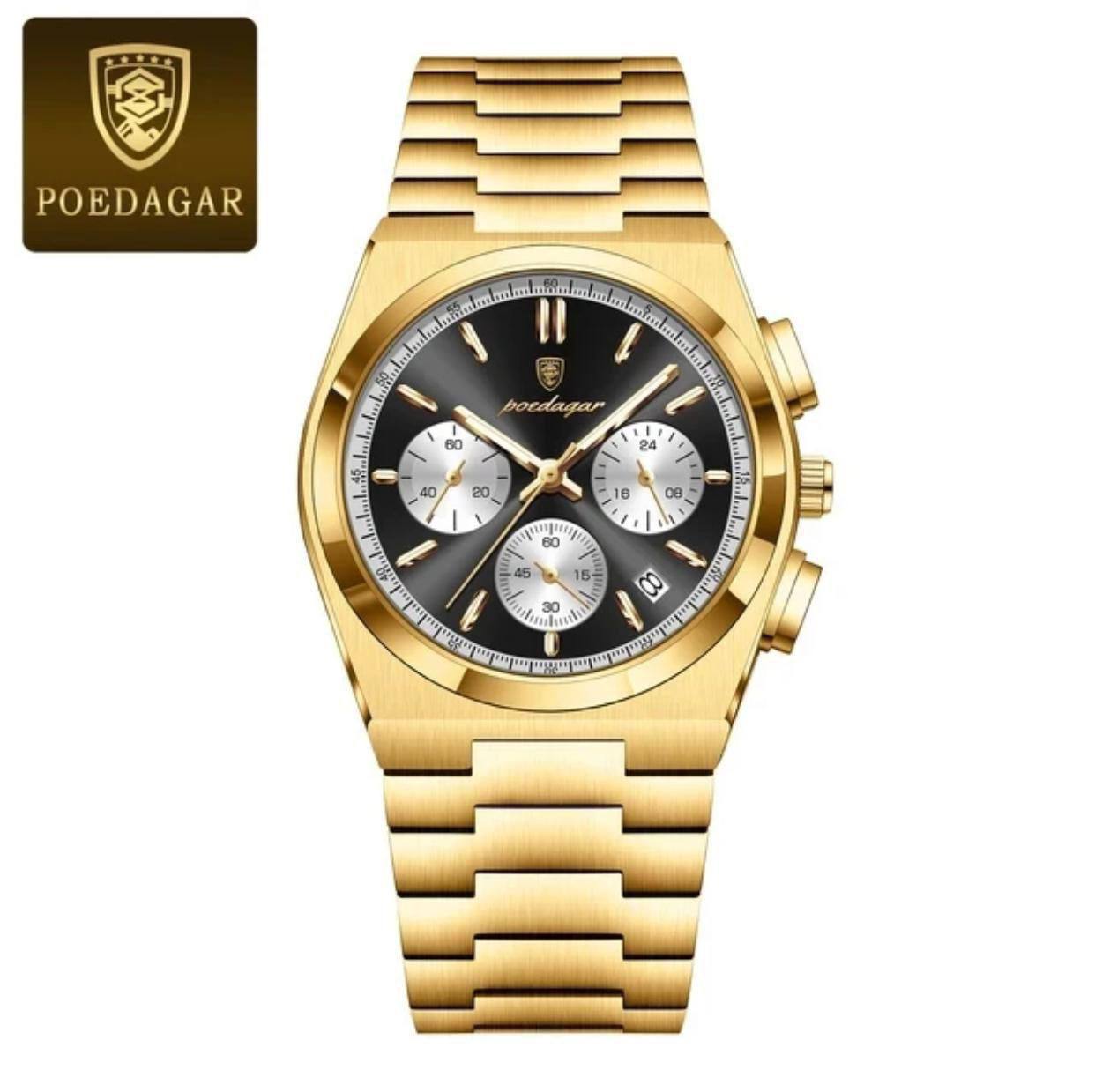 POEDAGAR CHRONOGRAPH DATE DISPLAY NON FADE STAINLESS STEEL DOUBLE CLASP LOCK FULL CHRONOGRAPH WATER RESISTANT ENGRAVING SERVICES $ ENQUIRIES