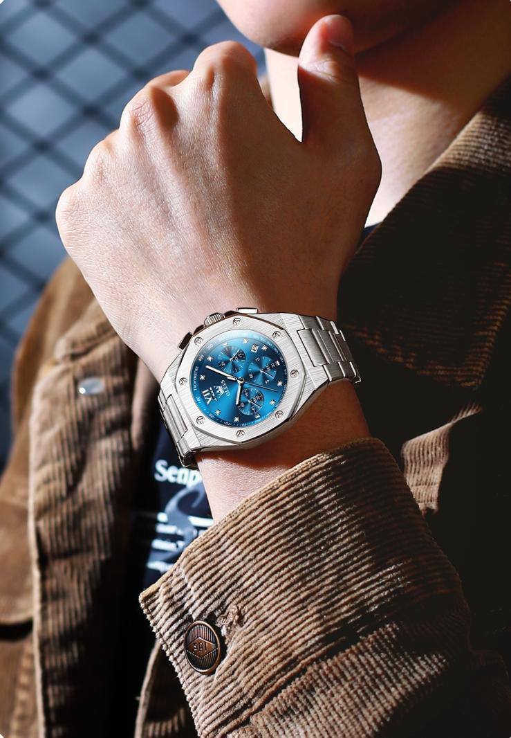 OLEVS CHRONOGRAPH MEN WATCH FULL FUNCTIONAL CHRONOGRAPH STAINLESS STEEL FINISH LUMINOUS 3 BAR WATER RESISTANT ENGRAVING SERVICES ENQUIRIES AND