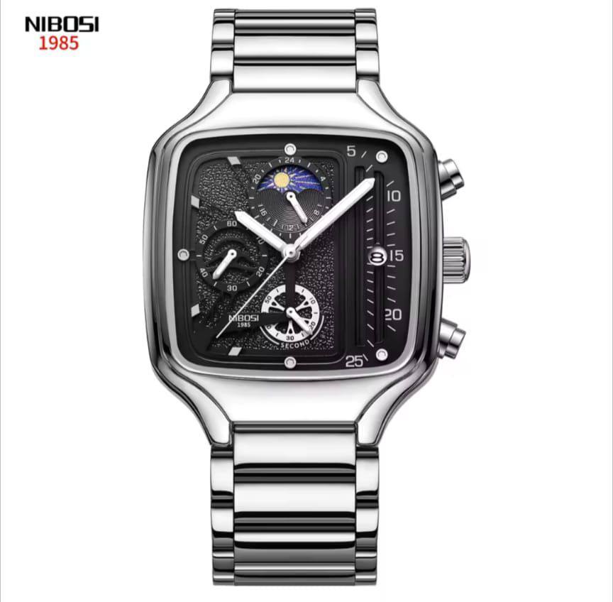 NIBOSI GENTS 2573 STAINLESS STEEL WATER RESISTANT DATE DISPLAY BATTERY POWERED MOON PHASE LUMINOUS AND ENQUIRIES