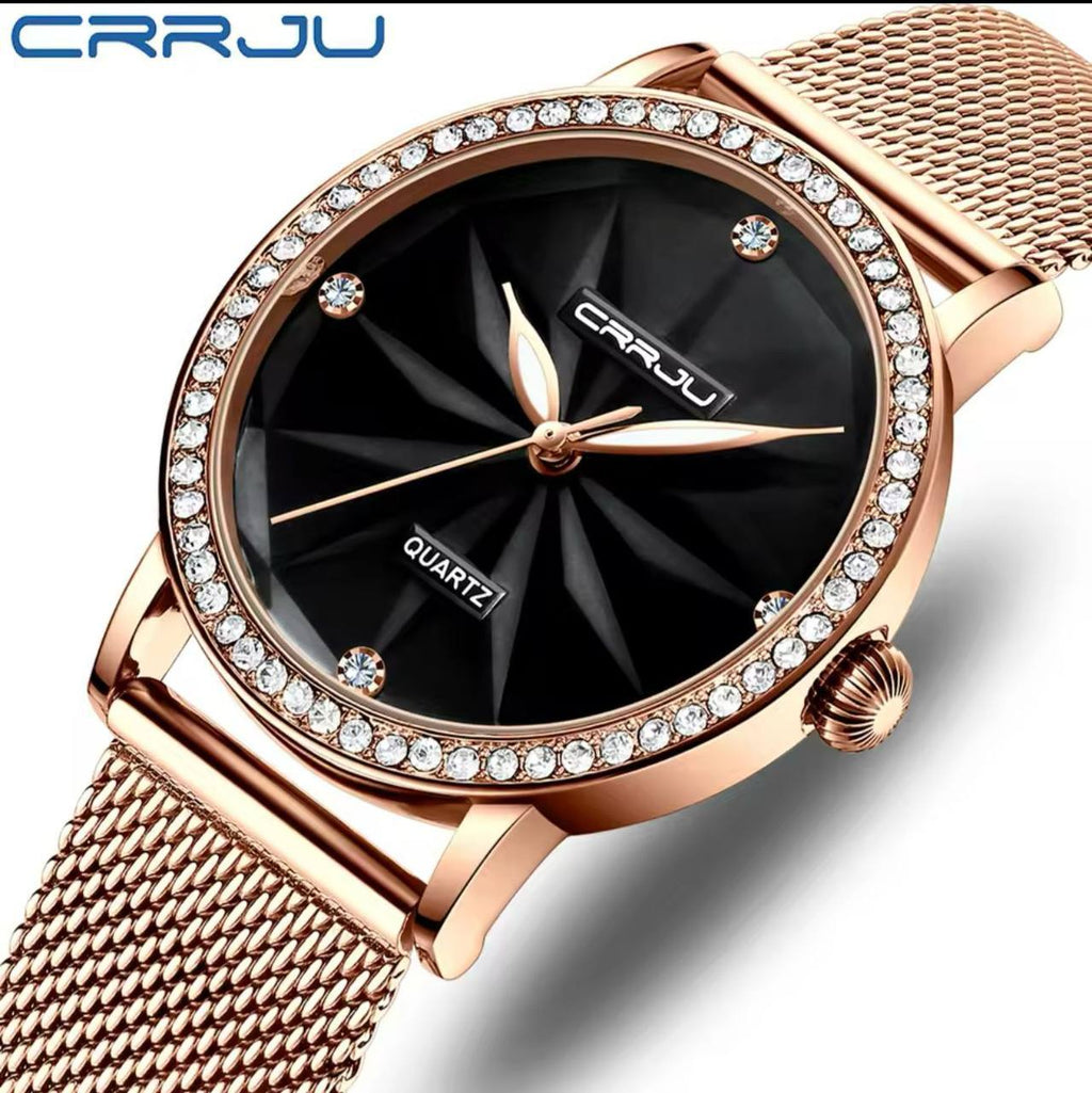 CRRJU LADIES WATCH MESH STRAP STAINLESS STEEL WATER RESISTANT BATTERY POWERED ENGRAVING