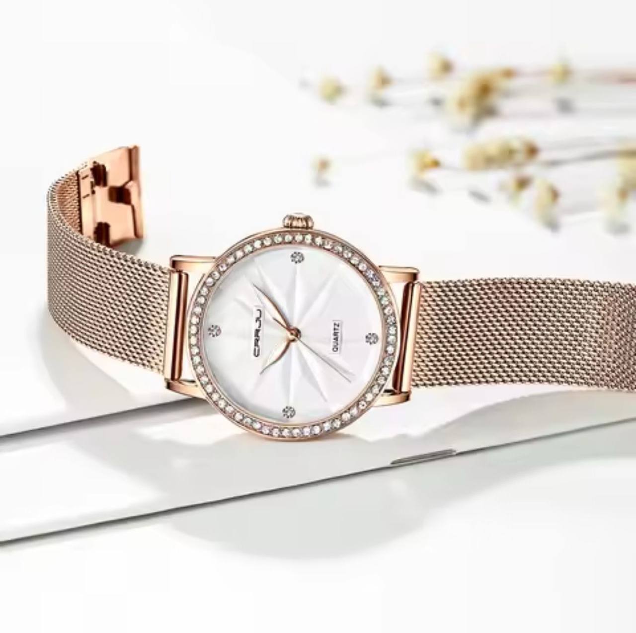 CRRJU LADIES WATCH MESH STRAP STAINLESS STEEL WATER RESISTANT BATTERY POWERED ENGRAVING