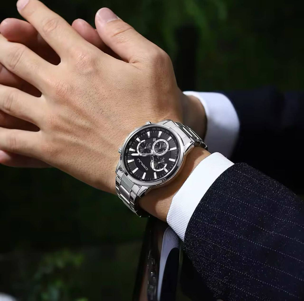 SKMEI CHRONOGRAPH GENTS WATCH #2434 CHRONOGRAPH MOVEMENT BATTERY POWERED STAINLESS STEEL DATE DISPLAY ENGRAVING SERVICES SKMEI BRANDED TIN ENQUIRIES