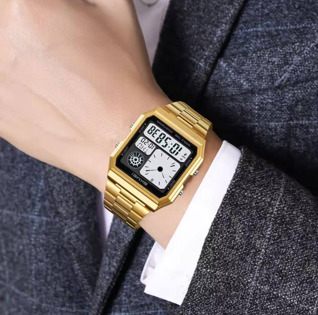 SKMEI MEN DIGITAL 2353 GOLD SILVER ALARM,DATE,STOPWATCH LUMINOUS DIAL BATTERY POWERED STAINLESS STEEL WATER RESISTANCE 30M ENGRAVING SERVICES