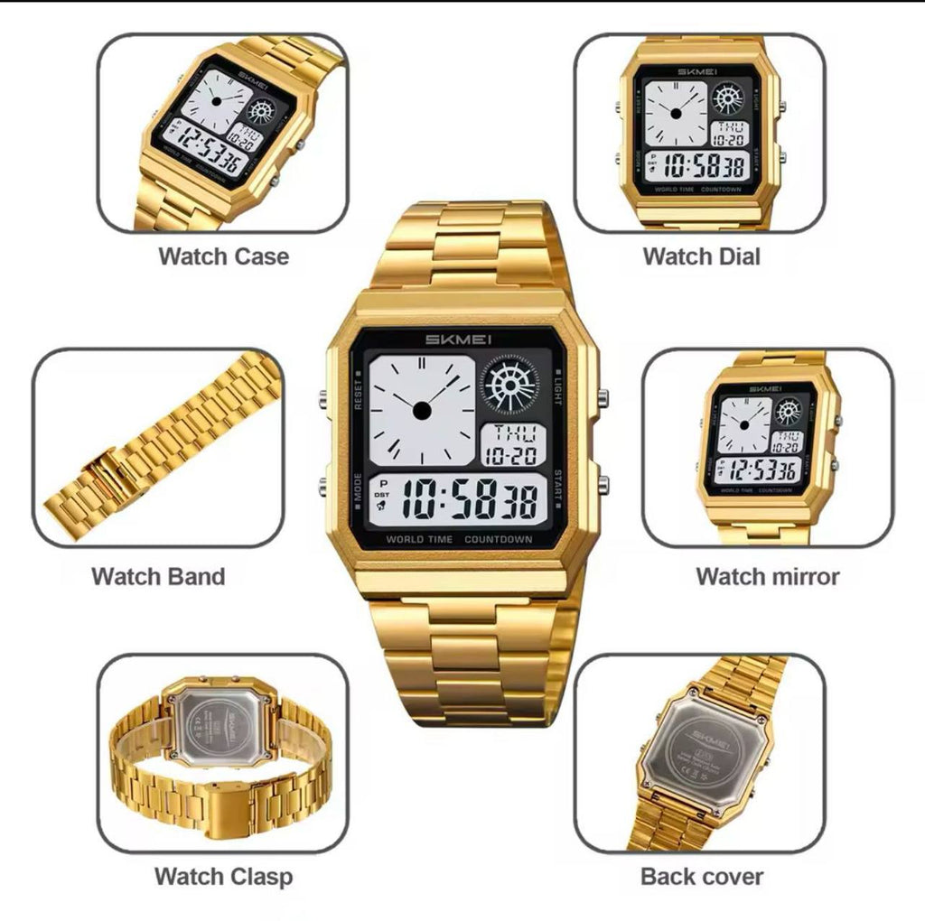 SKMEI MEN DIGITAL 2353 GOLD SILVER ALARM,DATE,STOPWATCH LUMINOUS DIAL BATTERY POWERED STAINLESS STEEL WATER RESISTANCE 30M ENGRAVING SERVICES