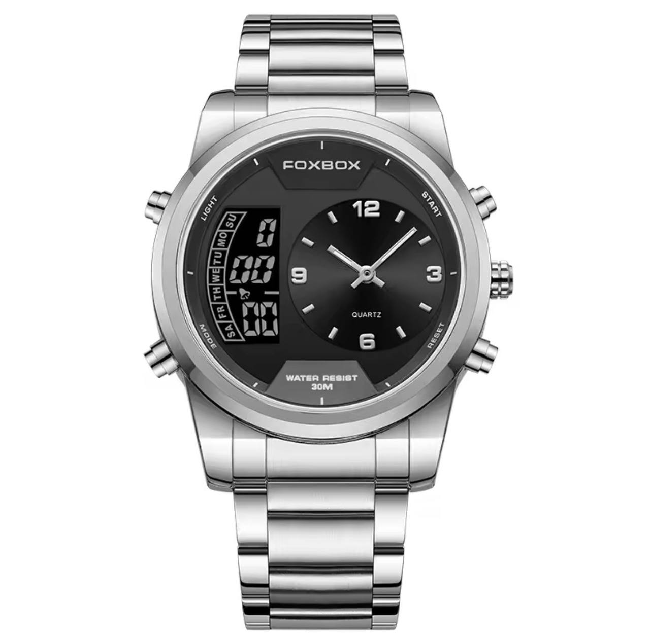 FOXBOX FB0058E STOP WATCH ALARM DAY AND DATE DISPLAY BACKLIGHT 12/24 HRS FORMAT WATERPROOF TO 30 METERS ENGRAVING SERVICES ENQUIRIES