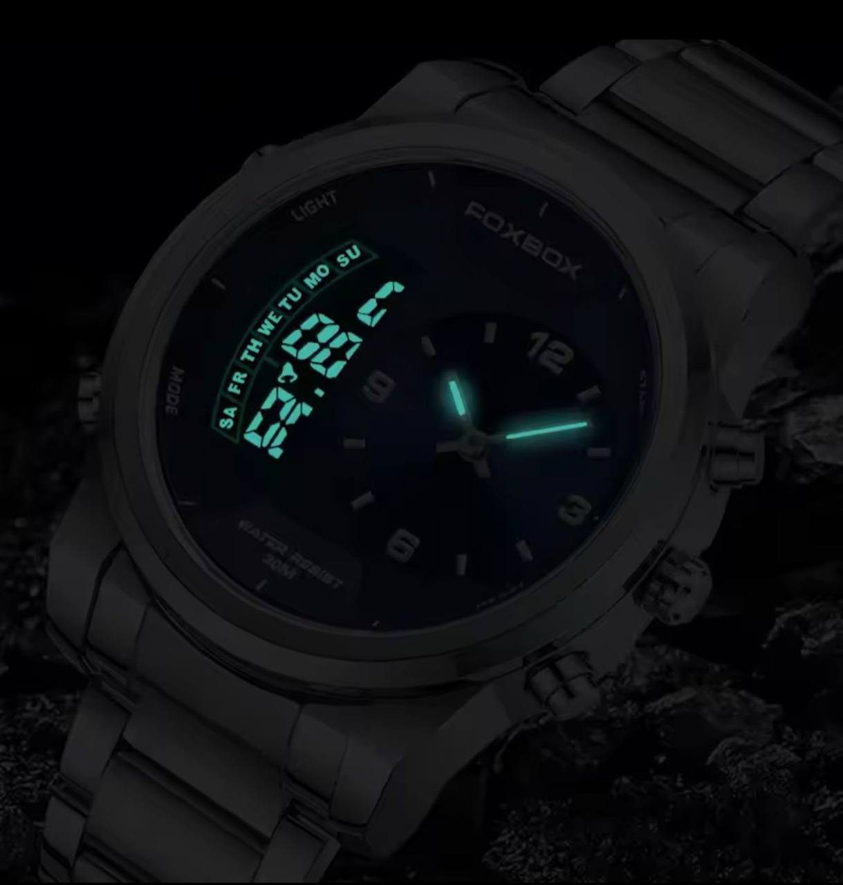 FOXBOX FB0058E STOP WATCH ALARM DAY AND DATE DISPLAY BACKLIGHT 12/24 HRS FORMAT WATERPROOF TO 30 METERS ENGRAVING SERVICES ENQUIRIES