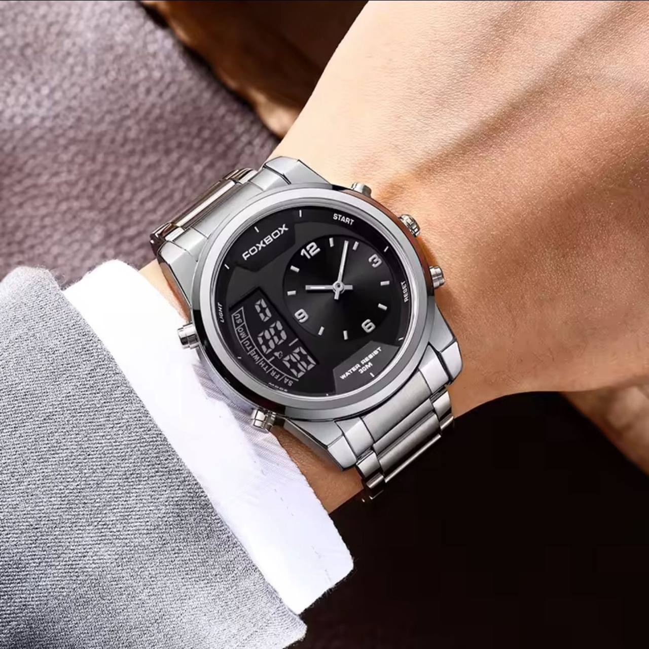 FOXBOX FB0058E STOP WATCH ALARM DAY AND DATE DISPLAY BACKLIGHT 12/24 HRS FORMAT WATERPROOF TO 30 METERS ENGRAVING SERVICES ENQUIRIES