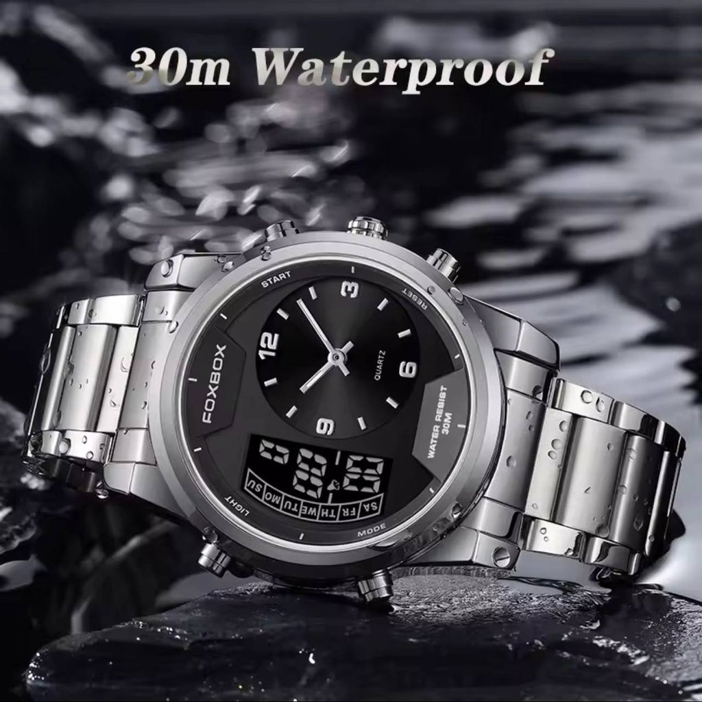 FOXBOX FB0058E STOP WATCH ALARM DAY AND DATE DISPLAY BACKLIGHT 12/24 HRS FORMAT WATERPROOF TO 30 METERS ENGRAVING SERVICES ENQUIRIES