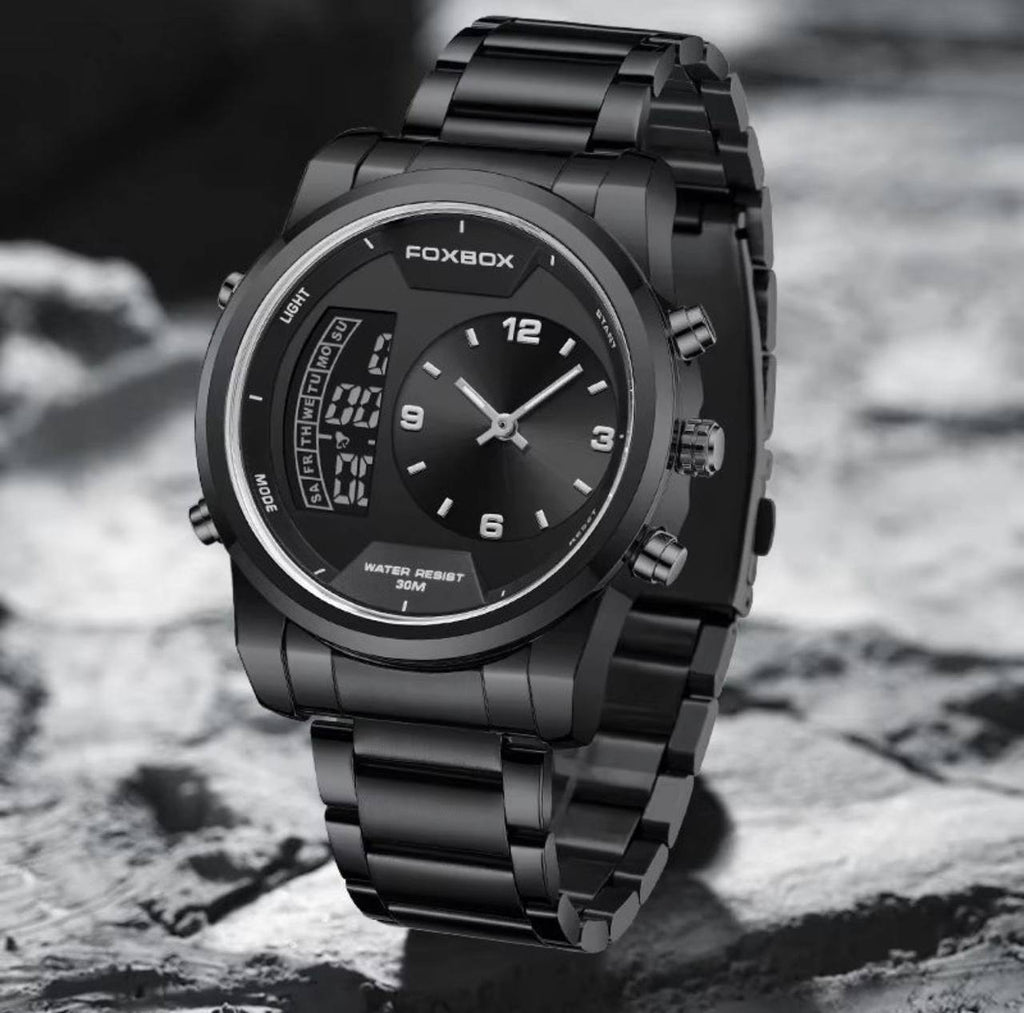 FOXBOX FB0058E STOP WATCH ALARM DAY AND DATE DISPLAY BACKLIGHT 12/24 HRS FORMAT WATERPROOF TO 30 METERS ENGRAVING SERVICES ENQUIRIES