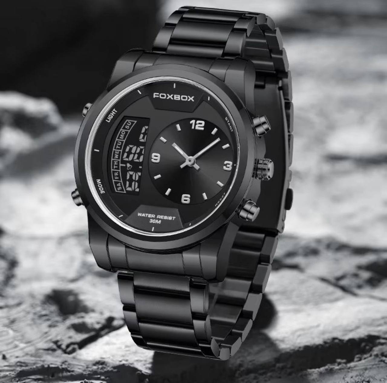 FOXBOX FB0058E STOP WATCH ALARM DAY AND DATE DISPLAY BACKLIGHT 12/24 HRS FORMAT WATERPROOF TO 30 METERS ENGRAVING SERVICES ENQUIRIES