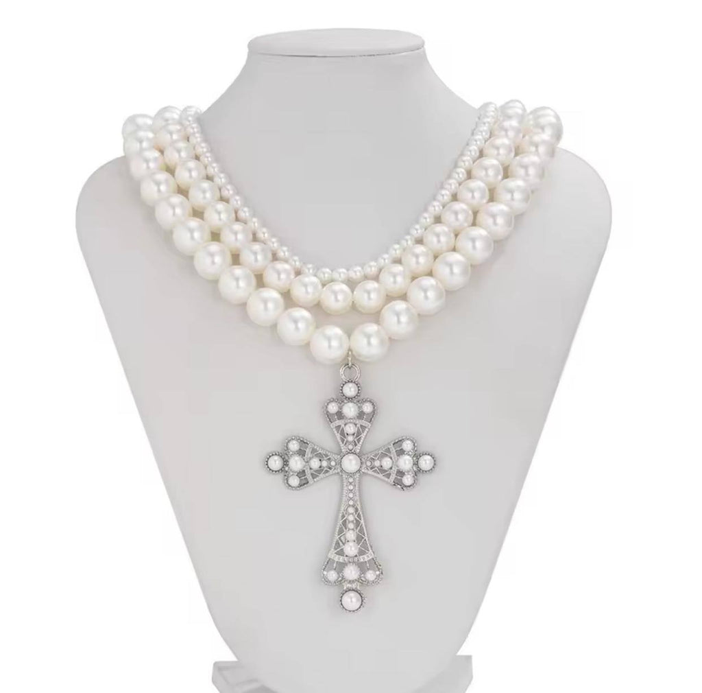 WHITE CROSS PENDANTS MULTILAYED PEARL NECKLACES 3 DETACHABLE HIGH QUALITY ENQUIRIES