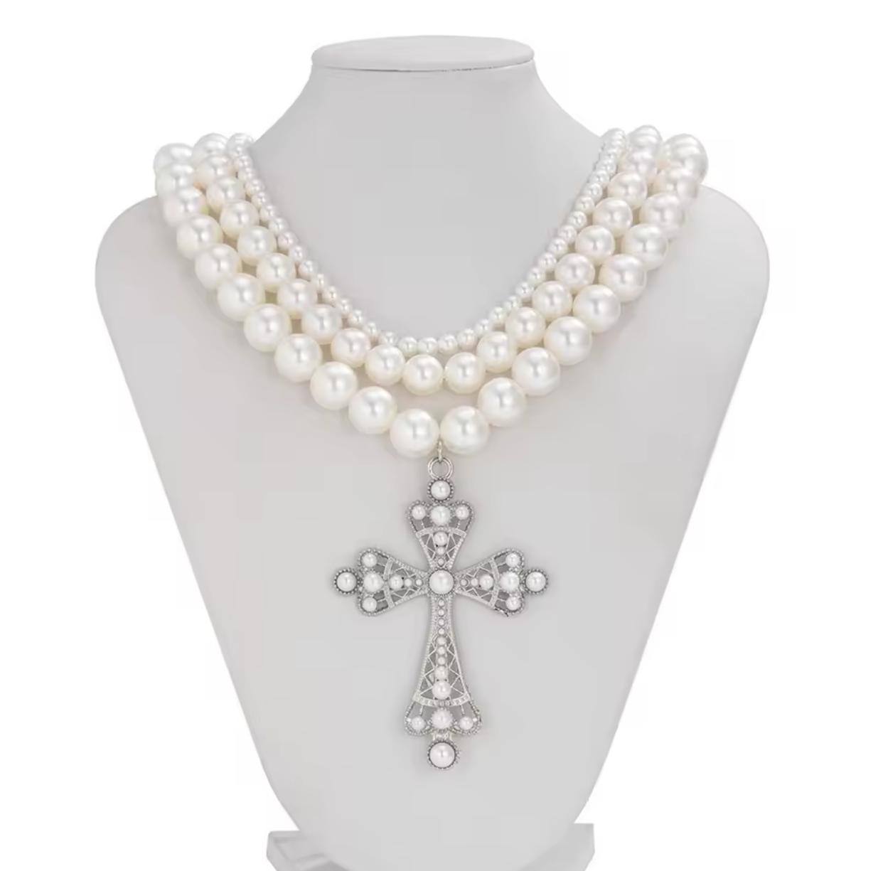 WHITE CROSS PENDANTS MULTILAYED PEARL NECKLACES 3 DETACHABLE HIGH QUALITY ENQUIRIES