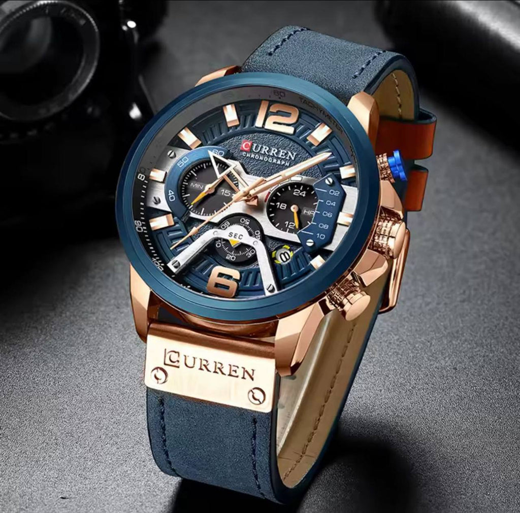 CURREN GENTS WATCH #8329 (LEATHER) WATER RESISTANT CHRONOGRAPH MOVEMENT DATE DISPLAY BATTERY POWERED ENGRAVING SERVICES CURREN BRANDED BOX ENQUIRIES